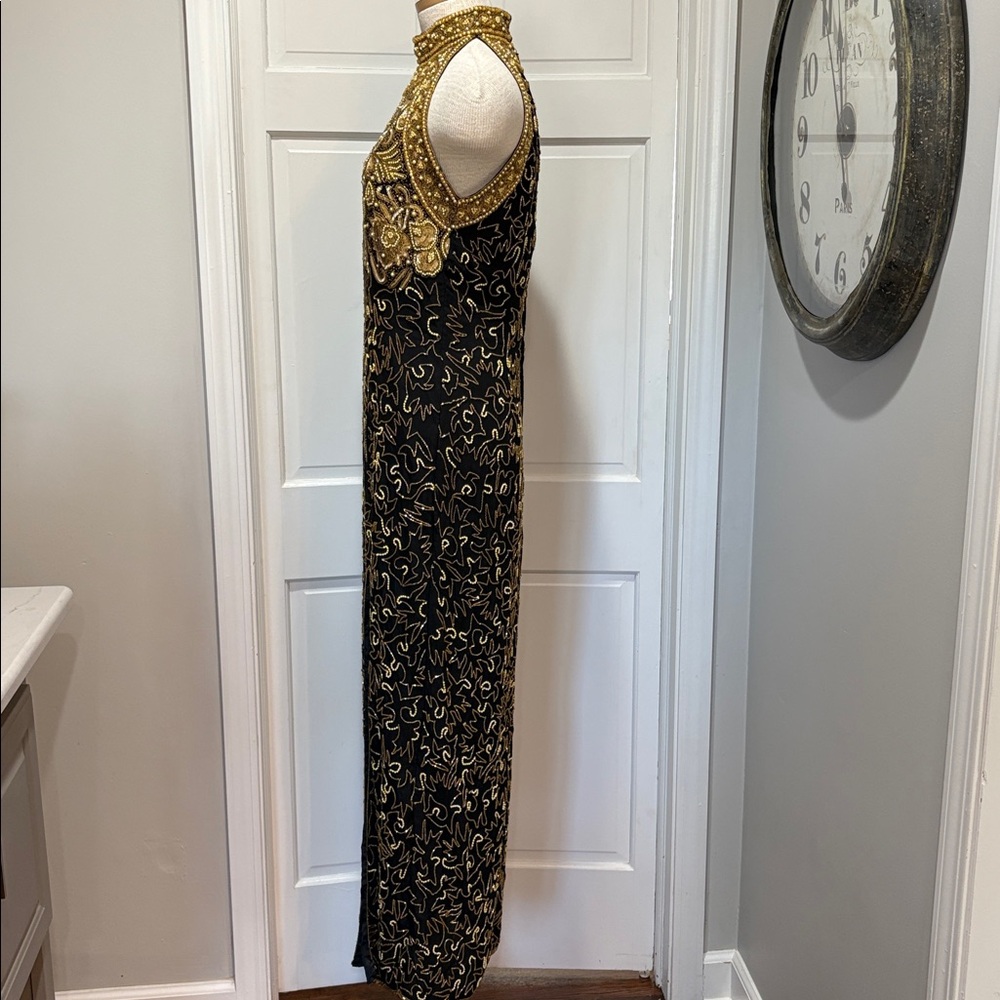 Adrianna Papell sz 12 black 100% silk evening dress with gold sequins and beads - Picture 8 of 14